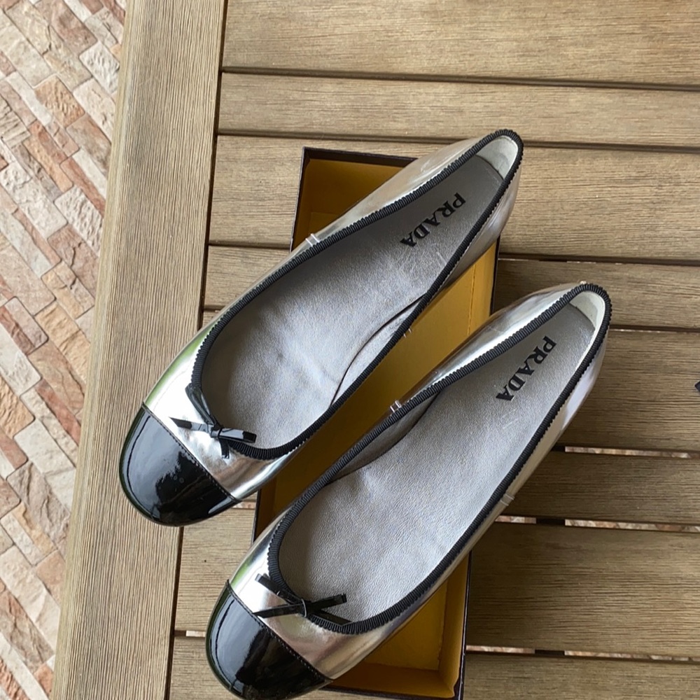 New Prada flats. Silver, black patent tips, bows